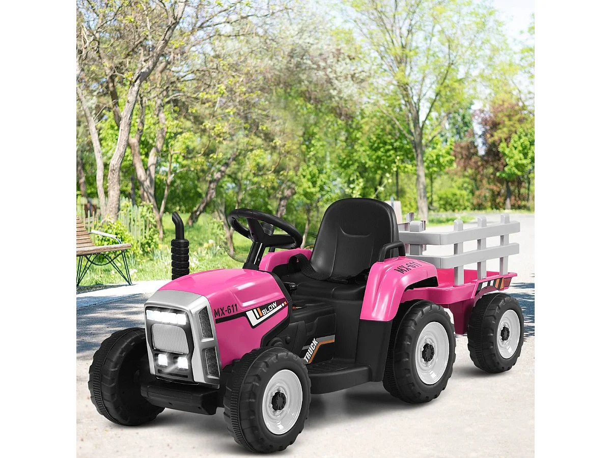 Trattore con rimorchio 12 V per bambini, Giocattolo elettrico con 3 marce luci LED musica clacson, Rosa