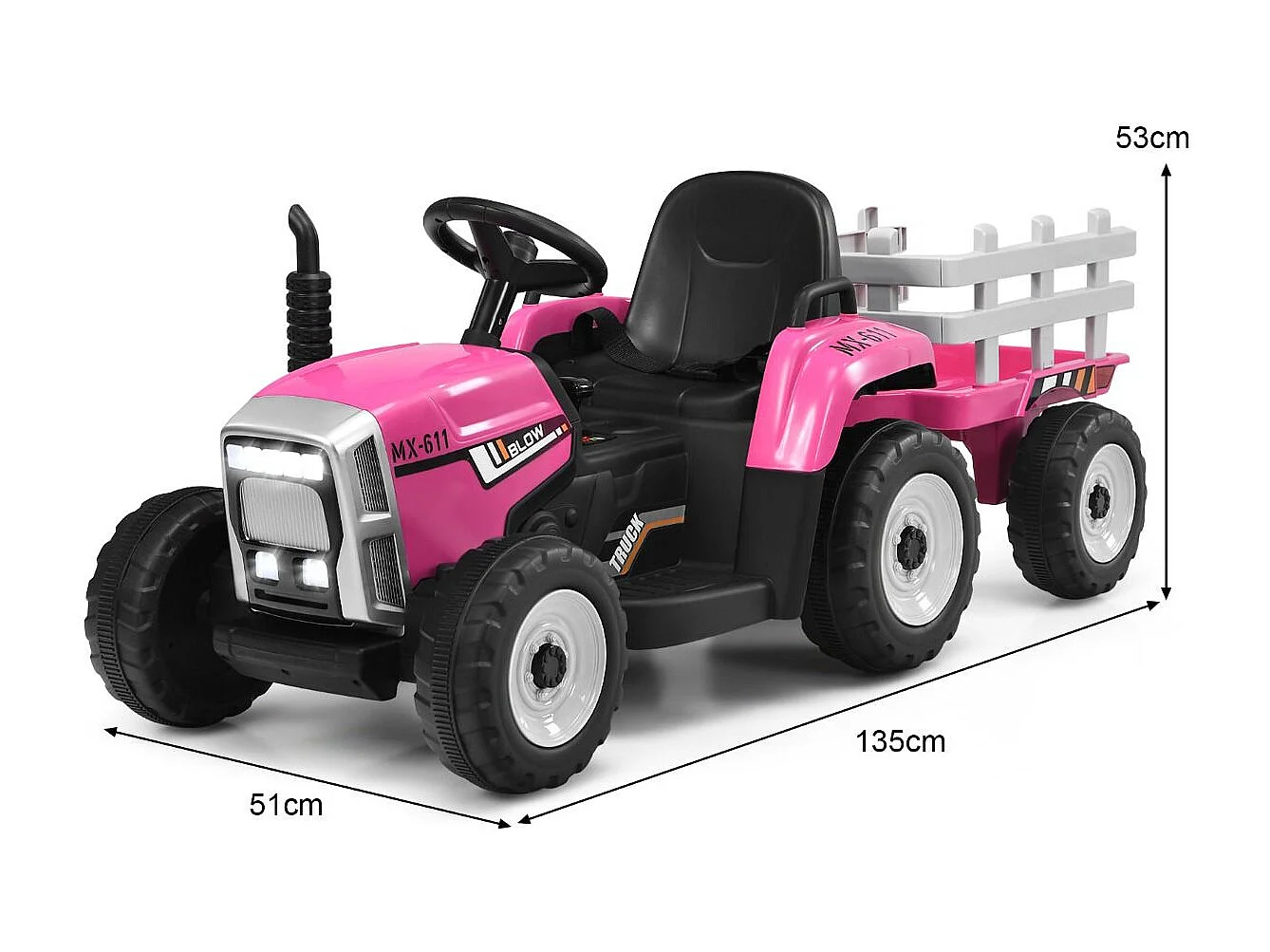 Trattore con rimorchio 12 V per bambini, Giocattolo elettrico con 3 marce luci LED musica clacson, Rosa