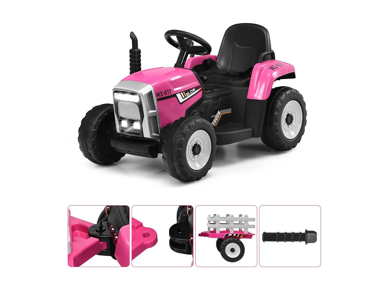 Trattore con rimorchio 12 V per bambini, Giocattolo elettrico con 3 marce luci LED musica clacson, Rosa