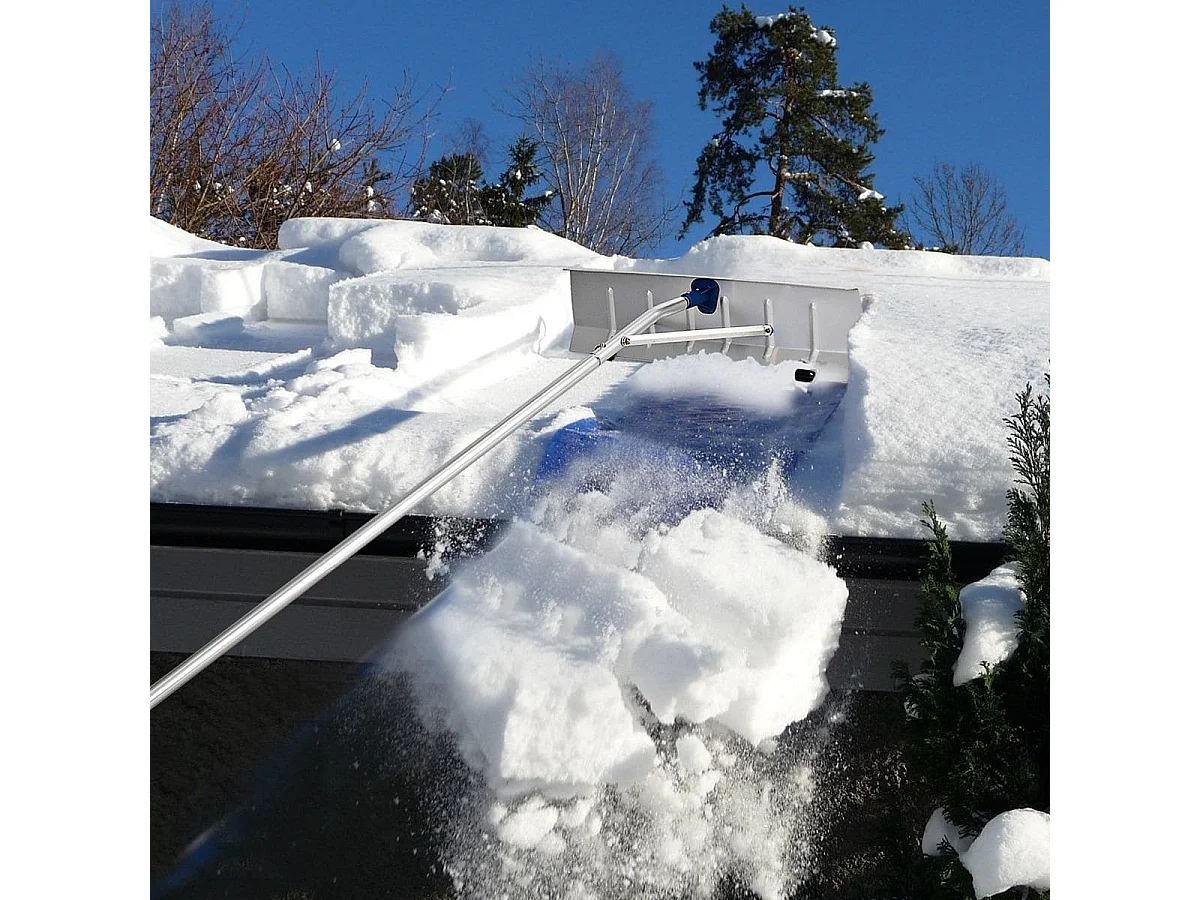 Râteau de Toit à Neige Extensible 160-610CM Déneigement de Toit en Aluminium avec Lame 66 cm 5 Sections Poignée Antidérapante et 2 Rouleaux
