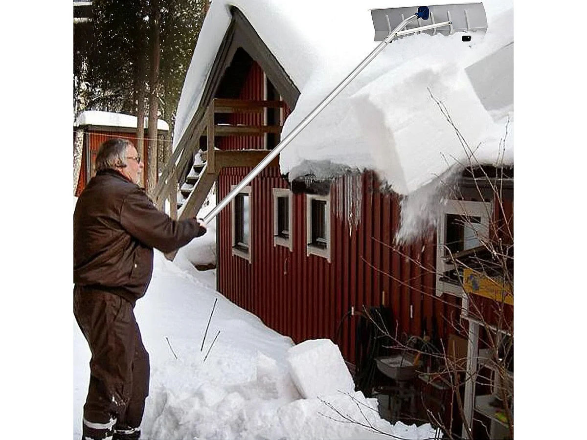 Râteau de Toit à Neige Extensible 160-610CM Déneigement de Toit en Aluminium avec Lame 66 cm 5 Sections Poignée Antidérapante et 2 Rouleaux