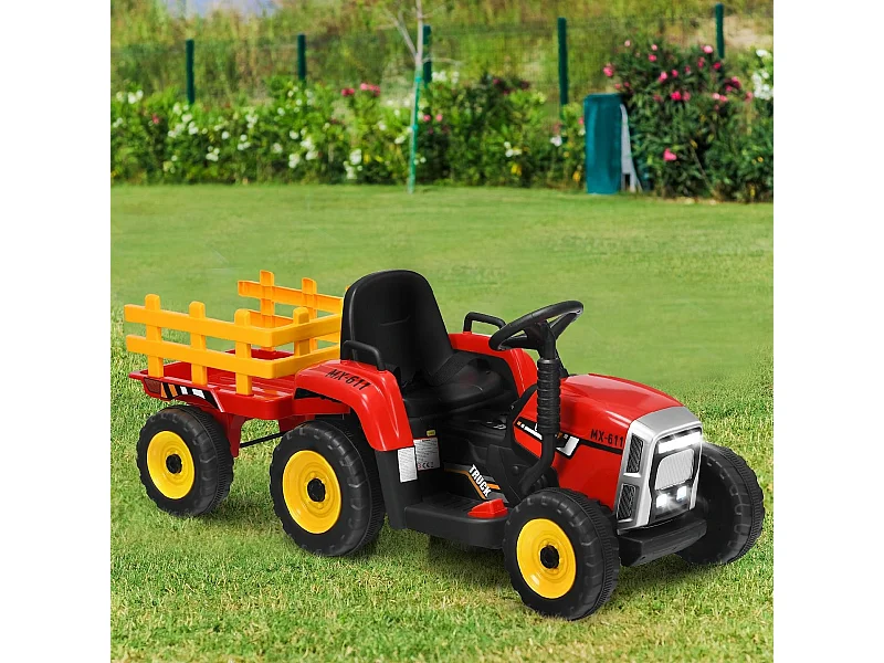 Trattore con rimorchio 12 V per bambini, Giocattolo elettrico con 3 marce luci LED musica clacson, Rosso