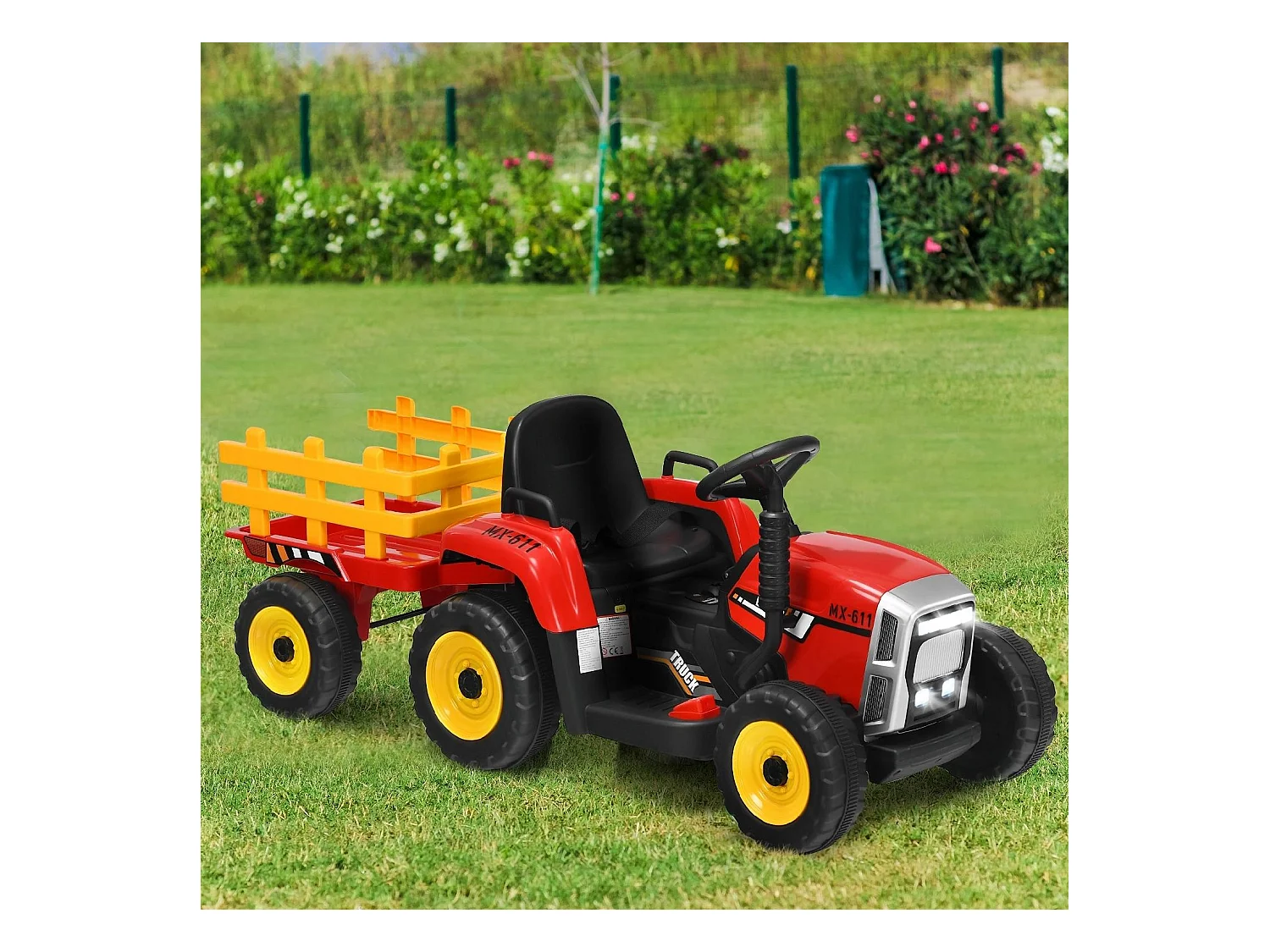 Trattore con rimorchio 12 V per bambini, Giocattolo elettrico con 3 marce luci LED musica clacson, Rosso