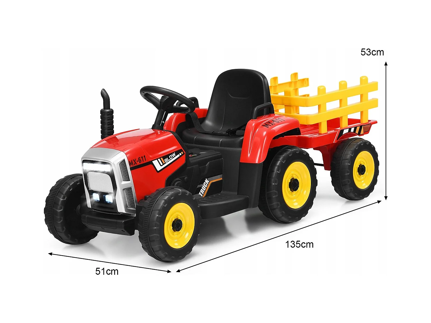 Trattore con rimorchio 12 V per bambini, Giocattolo elettrico con 3 marce luci LED musica clacson, Rosso