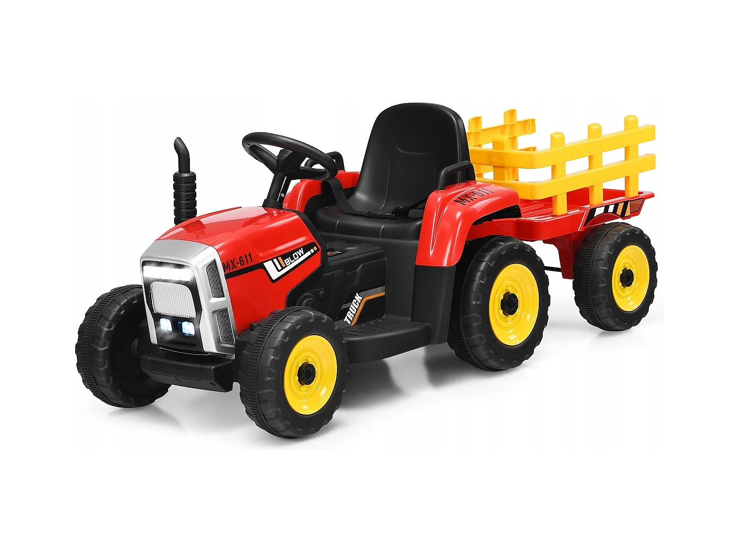 Trattore con rimorchio 12 V per bambini, Giocattolo elettrico con 3 marce luci LED musica clacson, Rosso