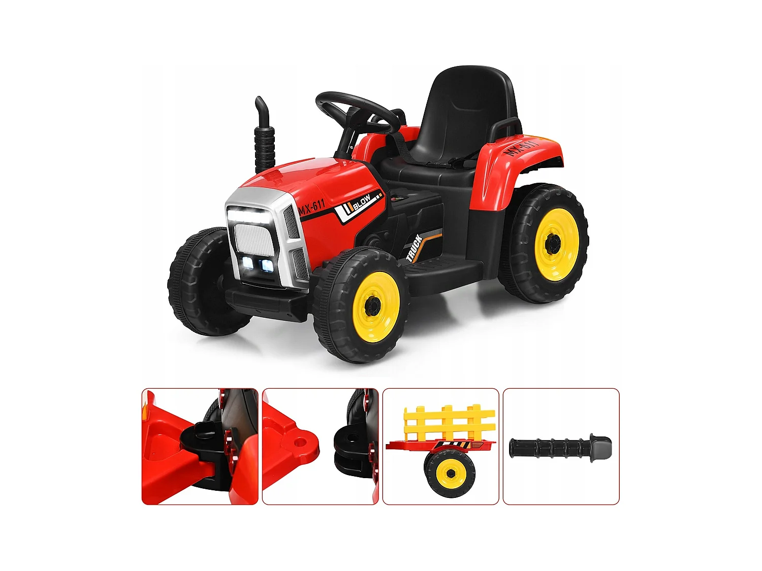Trattore con rimorchio 12 V per bambini, Giocattolo elettrico con 3 marce luci LED musica clacson, Rosso