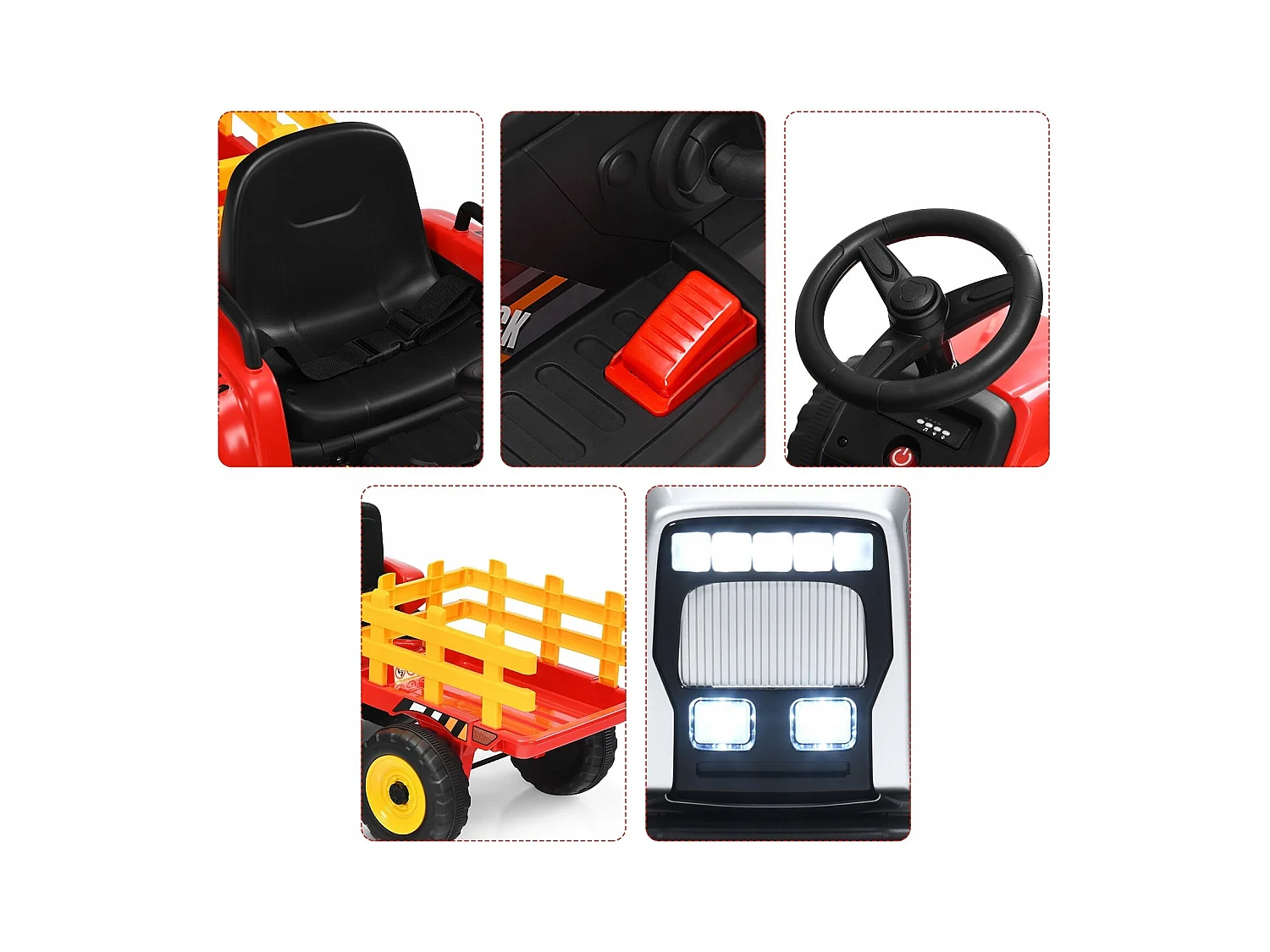 Trattore con rimorchio 12 V per bambini, Giocattolo elettrico con 3 marce luci LED musica clacson, Rosso