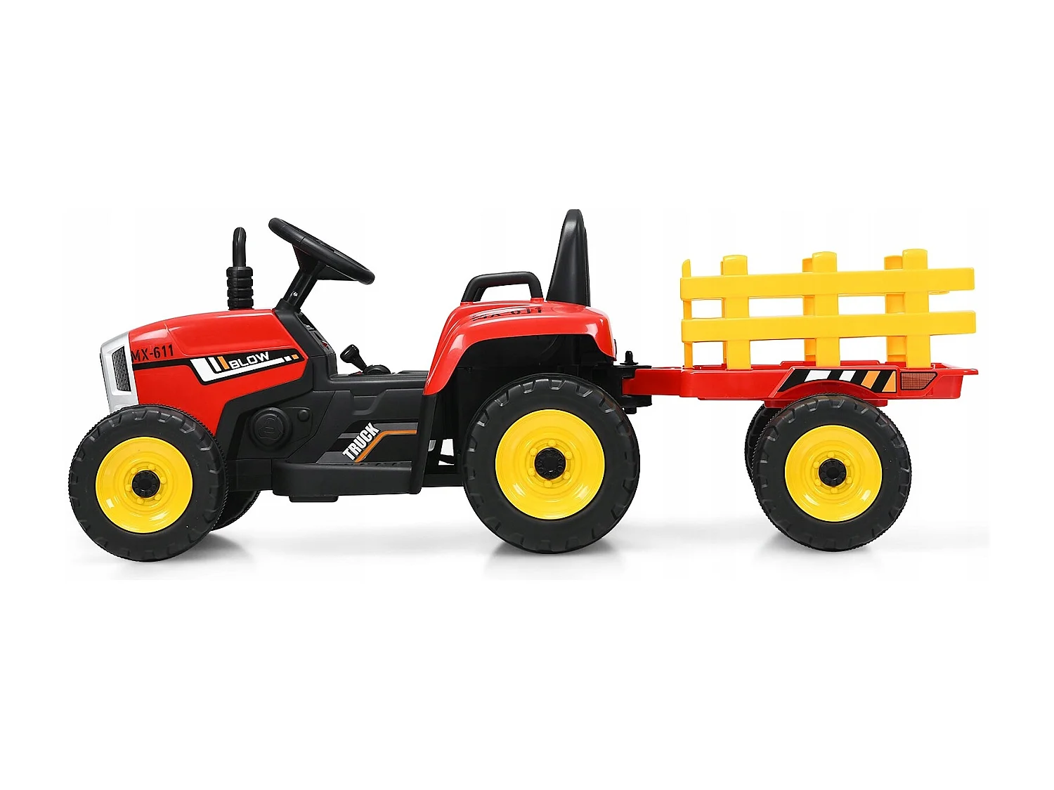 Trattore con rimorchio 12 V per bambini, Giocattolo elettrico con 3 marce luci LED musica clacson, Rosso