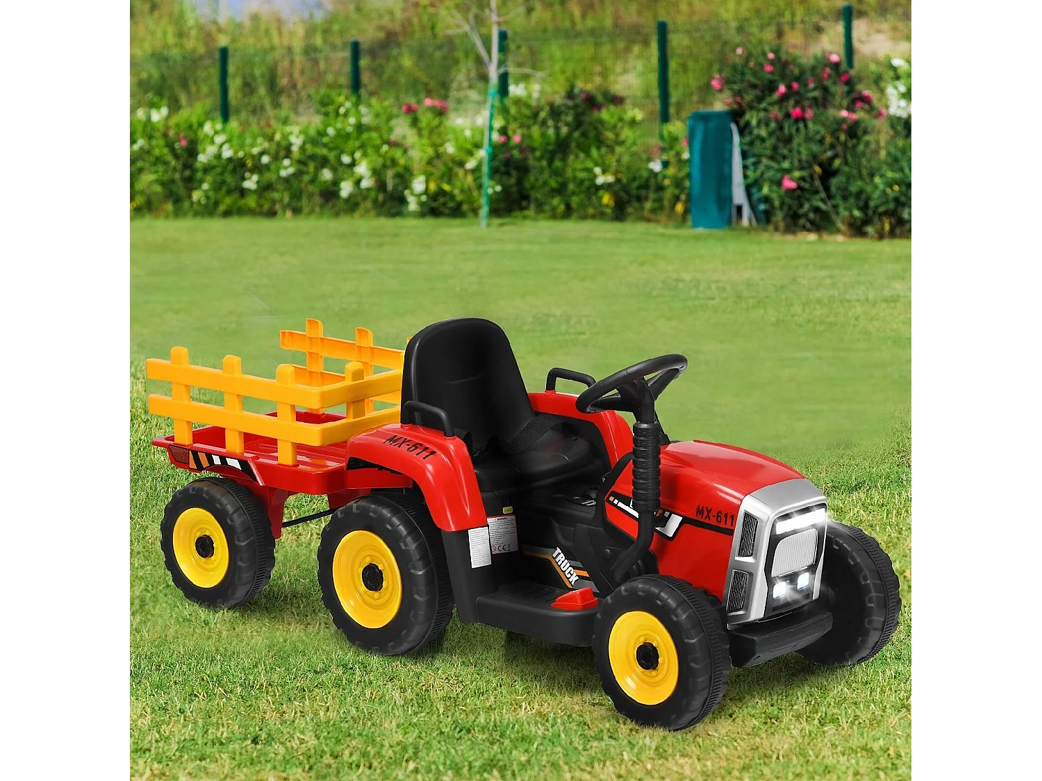 Trattore con rimorchio 12 V per bambini, Giocattolo elettrico con 3 marce luci LED musica clacson, Rosso