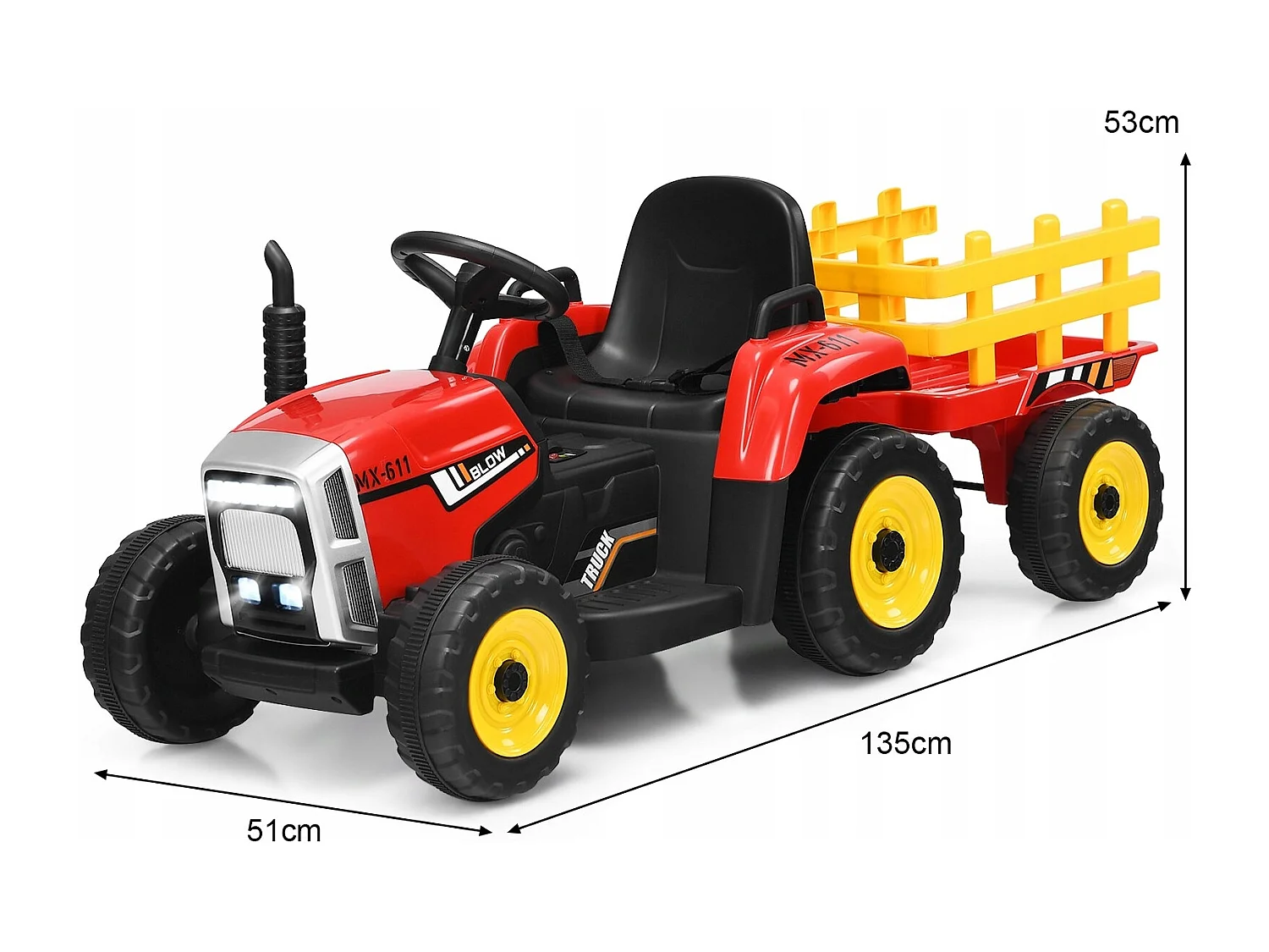 Trattore con rimorchio 12 V per bambini, Giocattolo elettrico con 3 marce luci LED musica clacson, Rosso