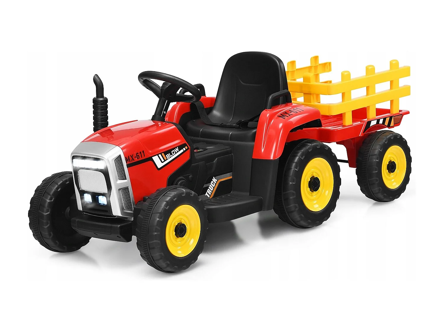 Trattore con rimorchio 12 V per bambini, Giocattolo elettrico con 3 marce luci LED musica clacson, Rosso