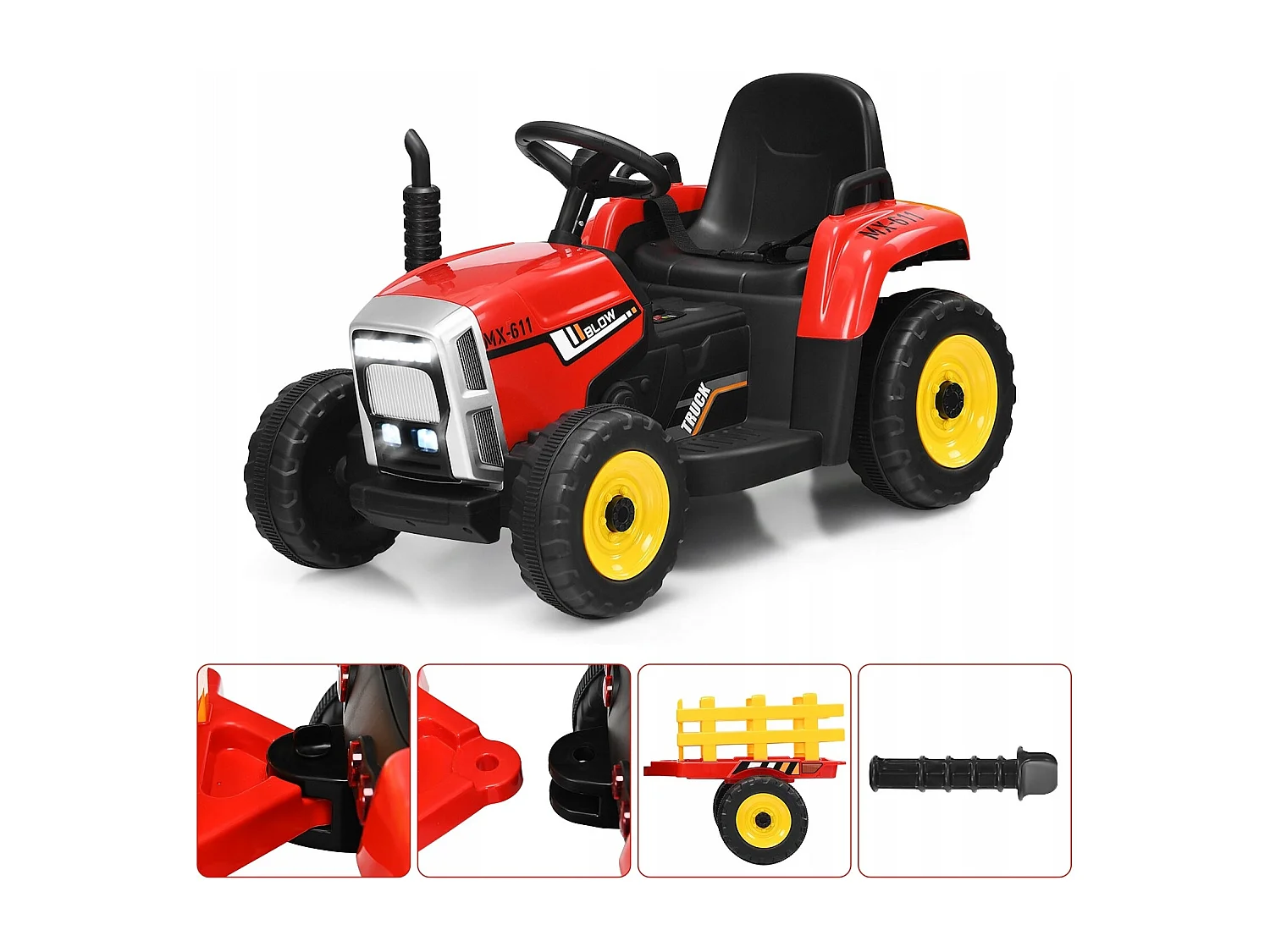 Trattore con rimorchio 12 V per bambini, Giocattolo elettrico con 3 marce luci LED musica clacson, Rosso