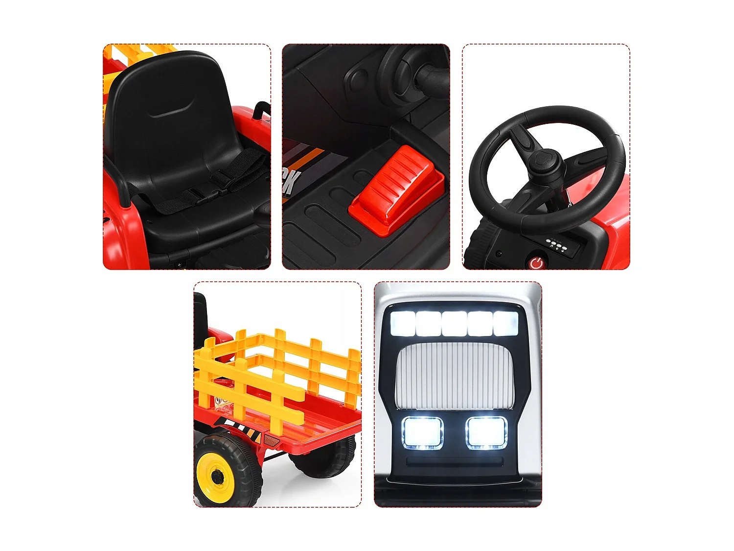 Trattore con rimorchio 12 V per bambini, Giocattolo elettrico con 3 marce luci LED musica clacson, Rosso