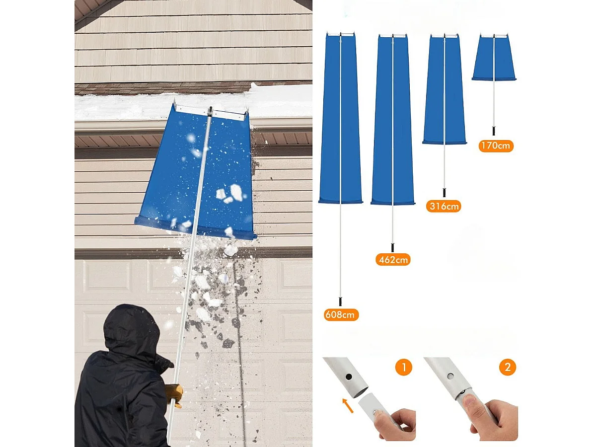 Râteau à Neige pour Toit avec 4 Tiges d'Extension 170-608 cm Déneigement de Toit en Aluminium pour Maison Véhicule