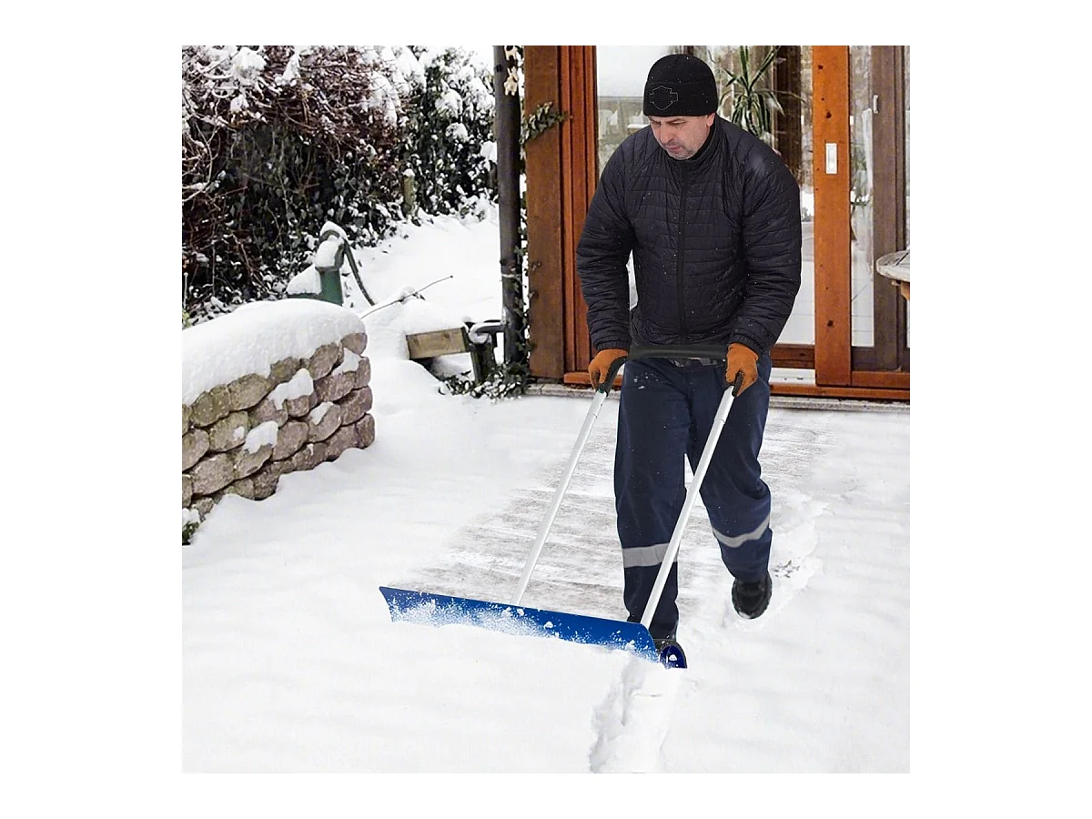 Pelle à Neige en Aluminium de 95cm avec Roues Poussoir à Neige avec Lame Réversible et Coudée Bidirectionnelle Matériau Aluminium Bleu