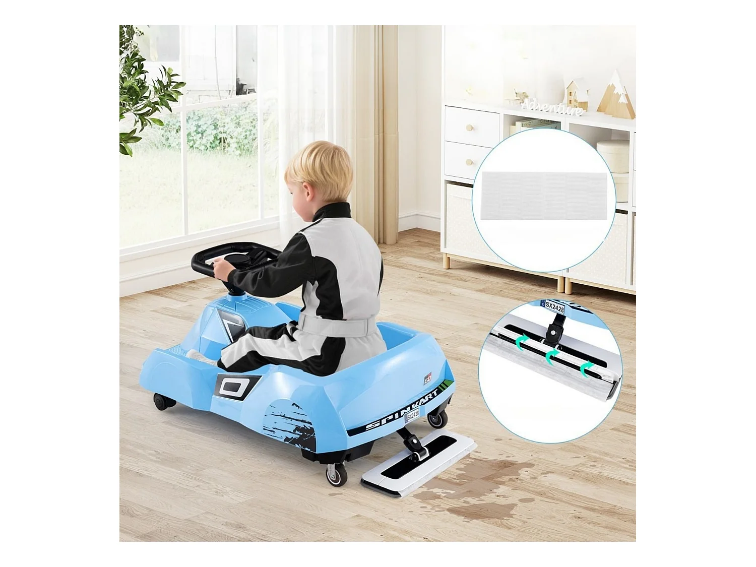 Go-kart elettrico per la pulizia 12V con mop staccabile Telecomando a 3 velocità Blu