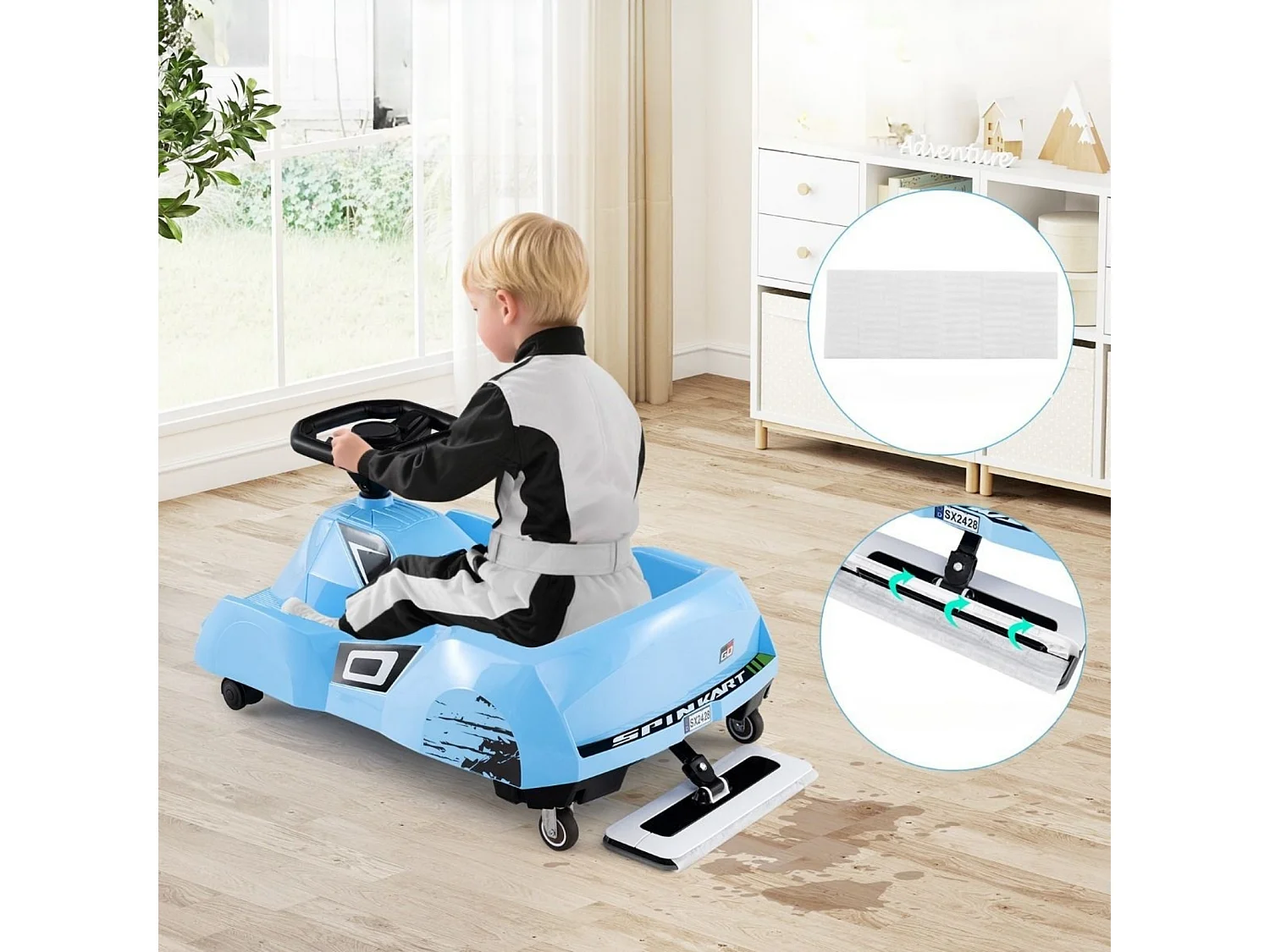 Go-kart elettrico per la pulizia 12V con mop staccabile Telecomando a 3 velocità Blu