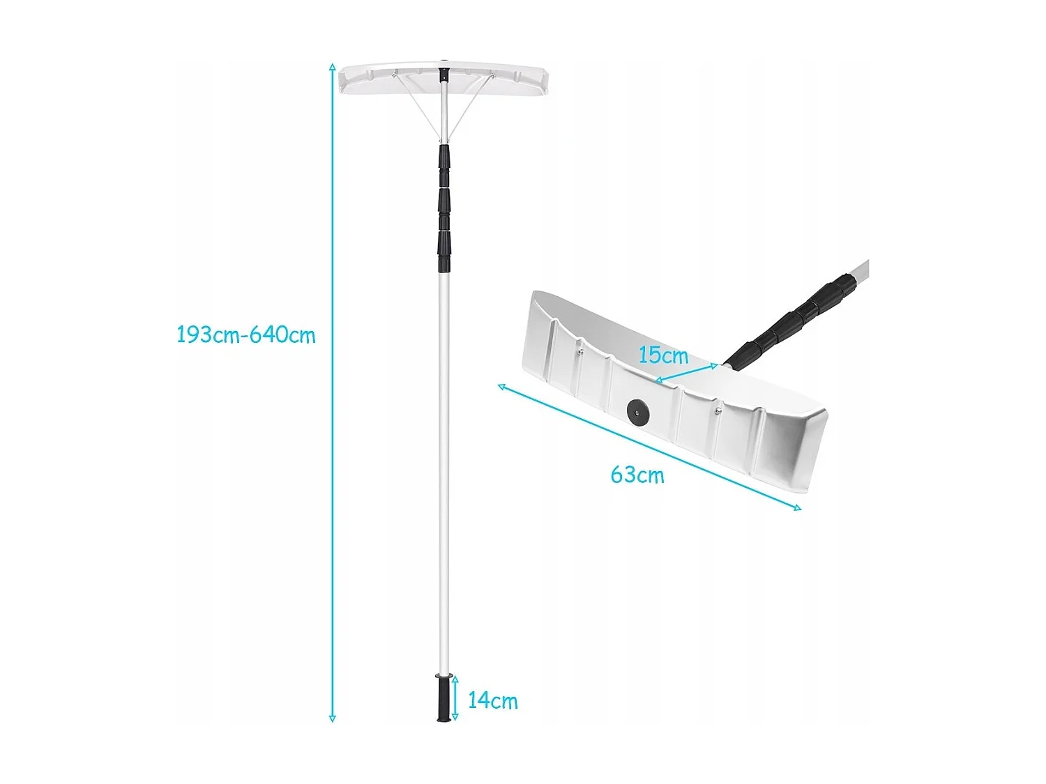 Râteau à Neige Tige Télescopique Réglable 193-630cm Poignée Antidérapante en Aluminium Tête 63x15cm Blanc Argenté