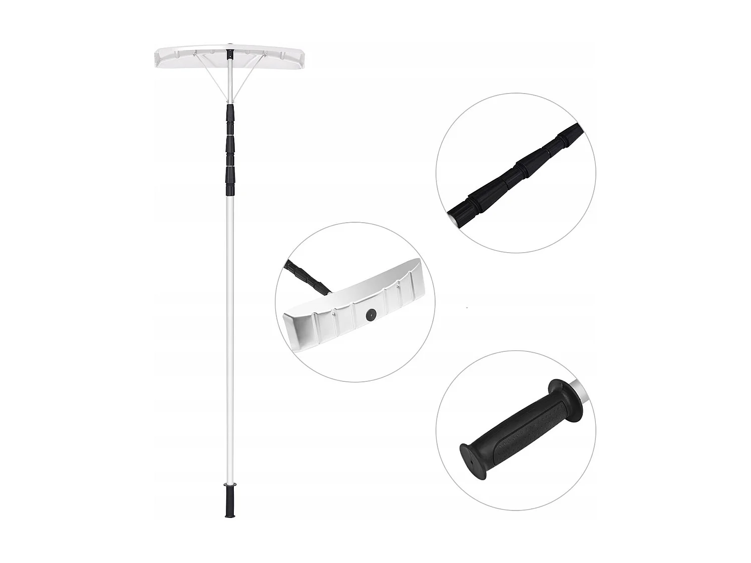 Râteau à Neige Tige Télescopique Réglable 193-630cm Poignée Antidérapante en Aluminium Tête 63x15cm Blanc Argenté