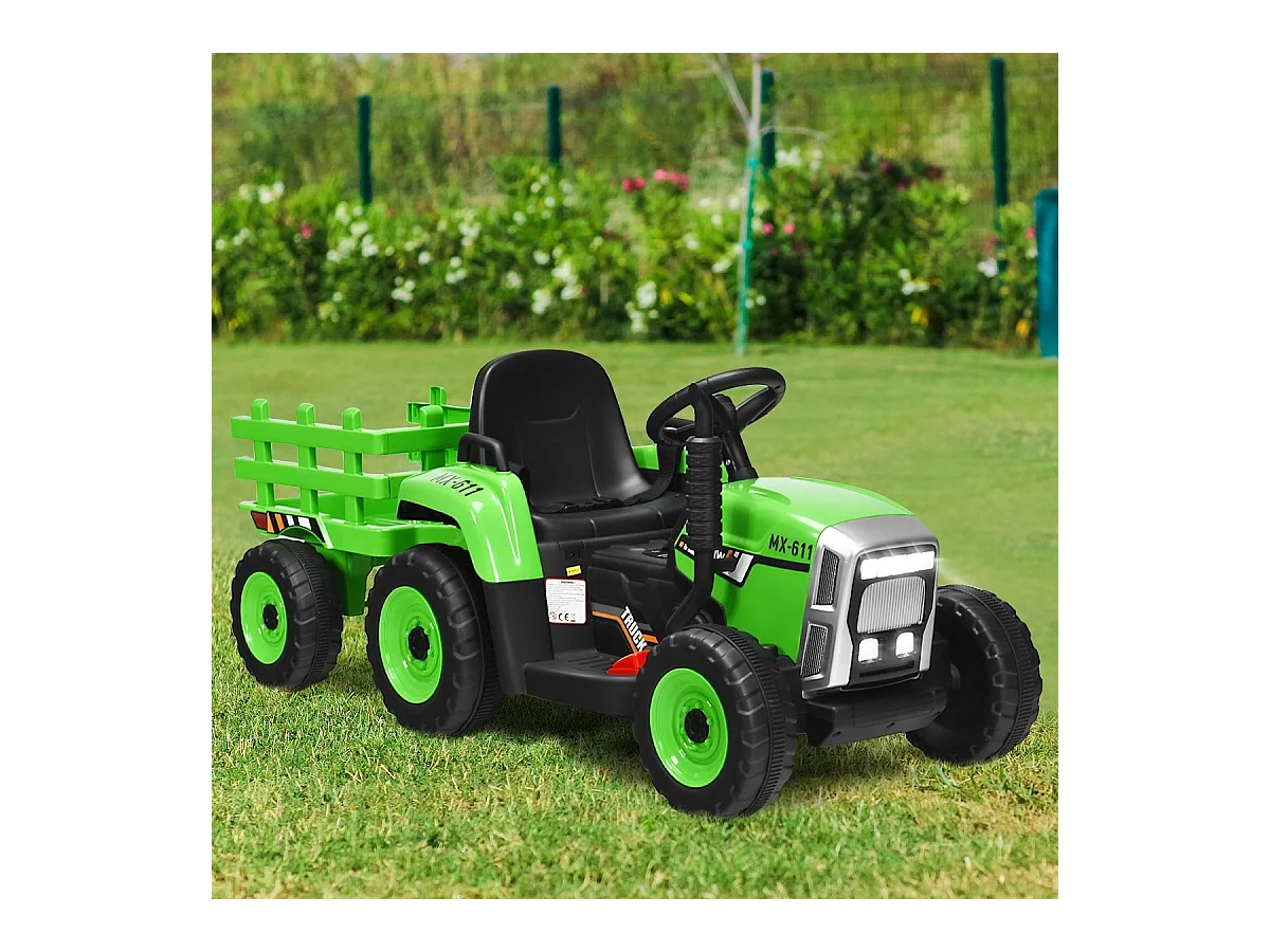 Trattore con rimorchio 12 V per bambini, Giocattolo elettrico con 3 marce luci LED musica clacson Verde