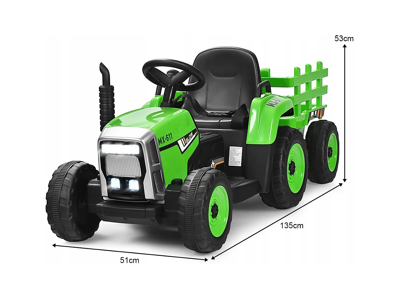 Trattore con rimorchio 12 V per bambini, Giocattolo elettrico con 3 marce luci LED musica clacson Verde