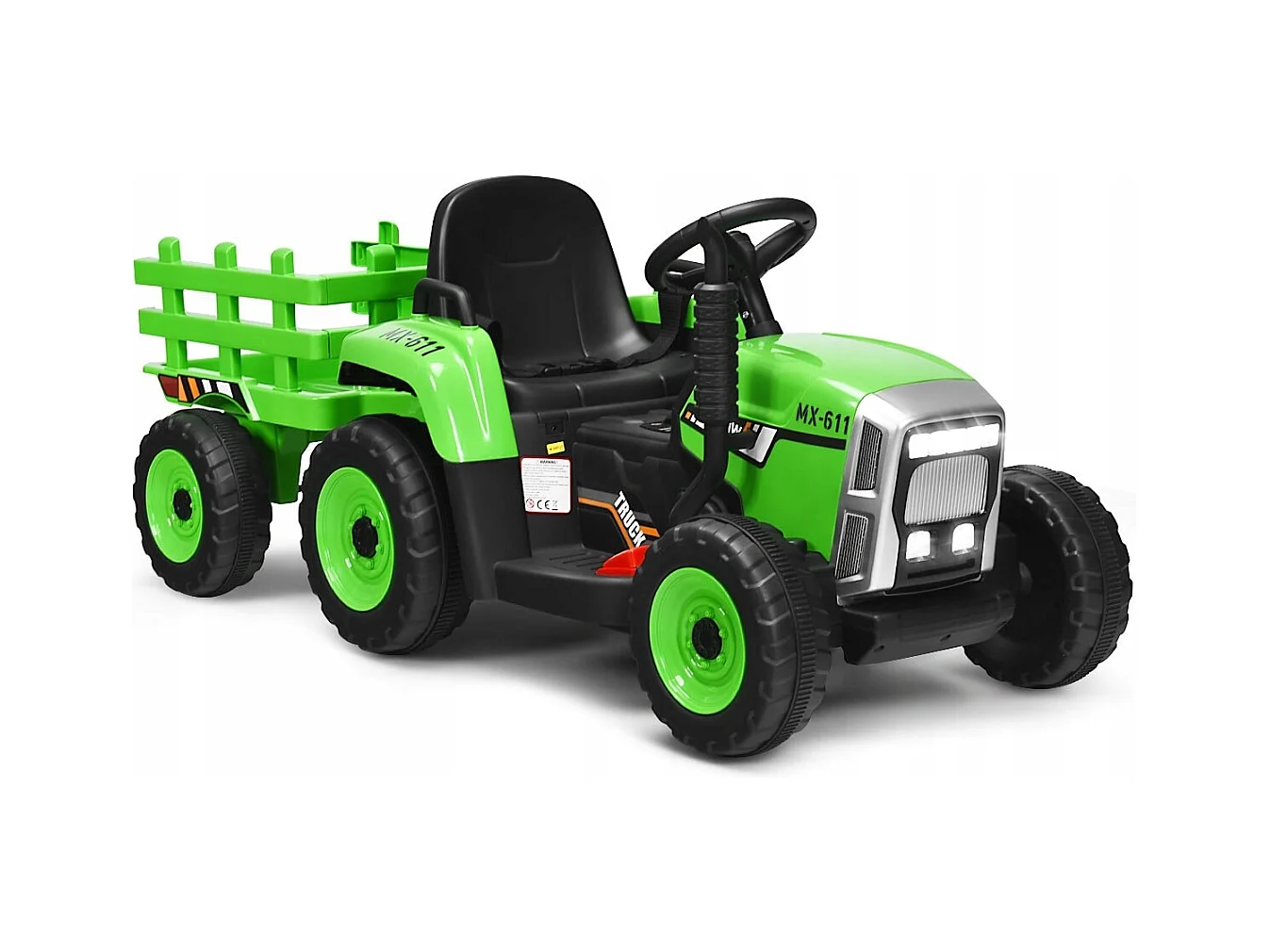 Trattore con rimorchio 12 V per bambini, Giocattolo elettrico con 3 marce luci LED musica clacson Verde