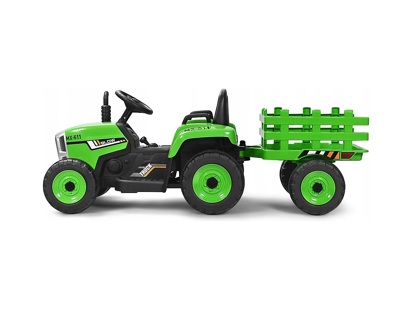 Trattore con rimorchio 12 V per bambini, Giocattolo elettrico con 3 marce luci LED musica clacson Verde