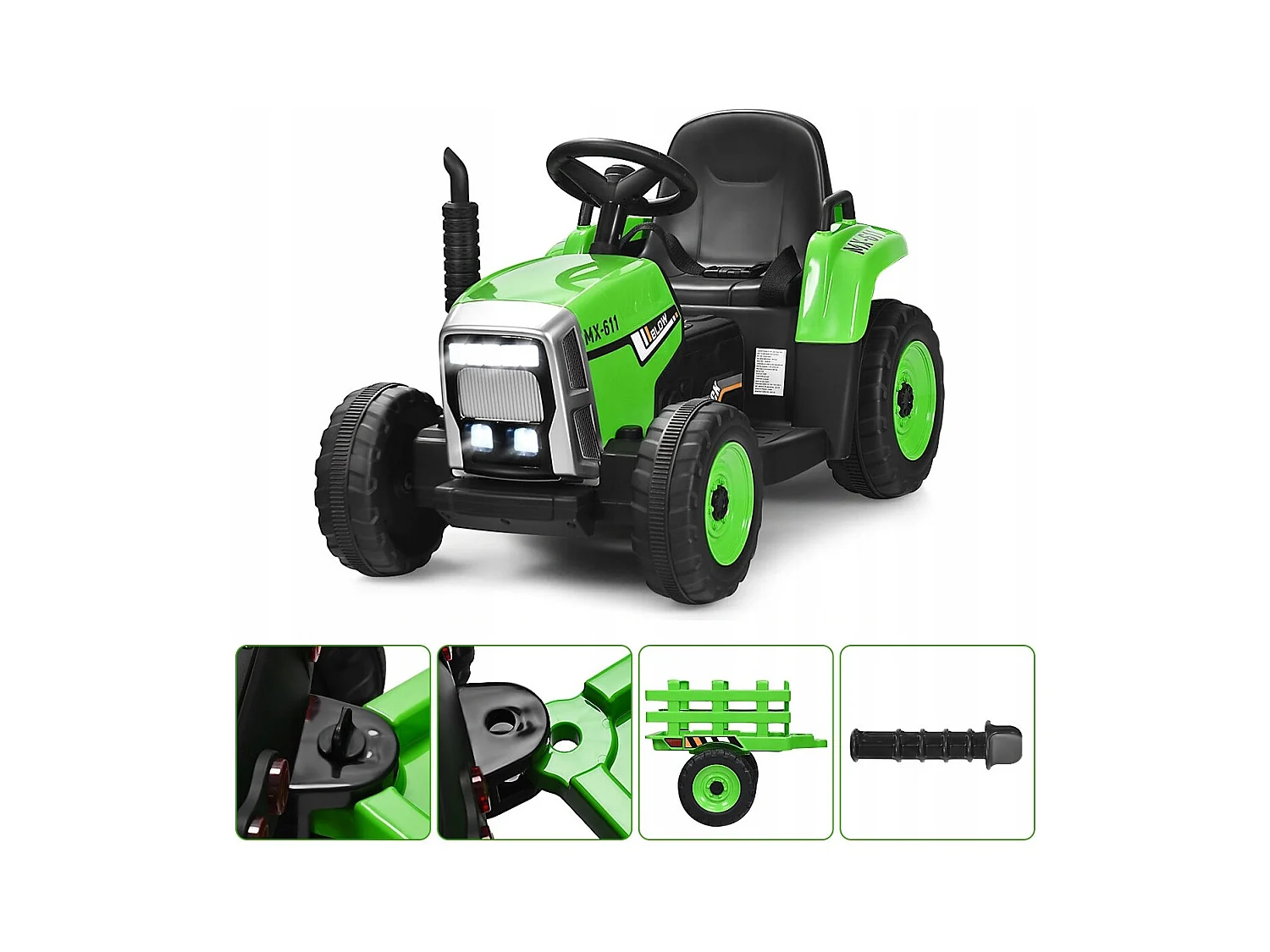 Trattore con rimorchio 12 V per bambini, Giocattolo elettrico con 3 marce luci LED musica clacson Verde