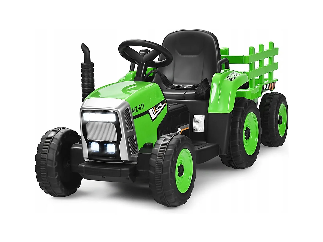 Trattore con rimorchio 12 V per bambini, Giocattolo elettrico con 3 marce luci LED musica clacson Verde