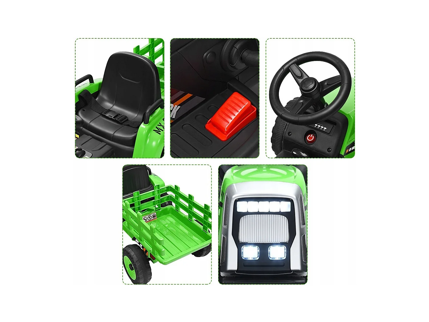 Trattore con rimorchio 12 V per bambini, Giocattolo elettrico con 3 marce luci LED musica clacson Verde