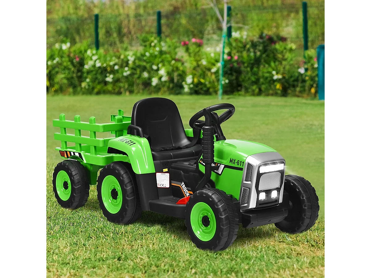 Trattore con rimorchio 12 V per bambini, Giocattolo elettrico con 3 marce luci LED musica clacson Verde
