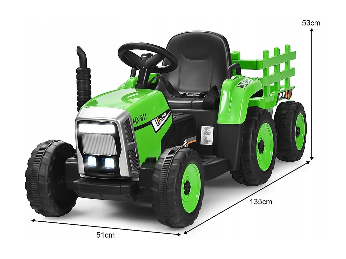 Trattore con rimorchio 12 V per bambini, Giocattolo elettrico con 3 marce luci LED musica clacson Verde