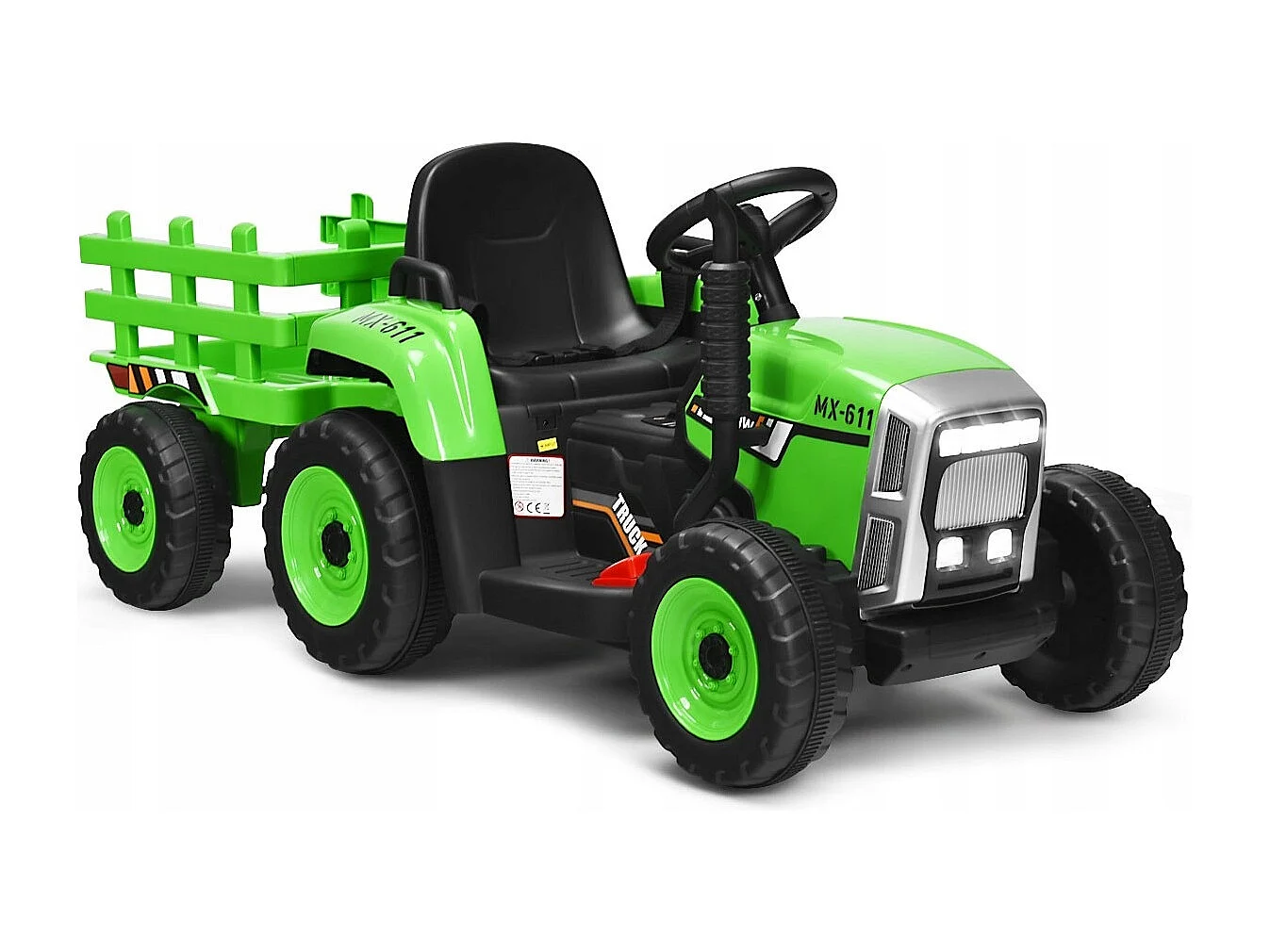 Trattore con rimorchio 12 V per bambini, Giocattolo elettrico con 3 marce luci LED musica clacson Verde