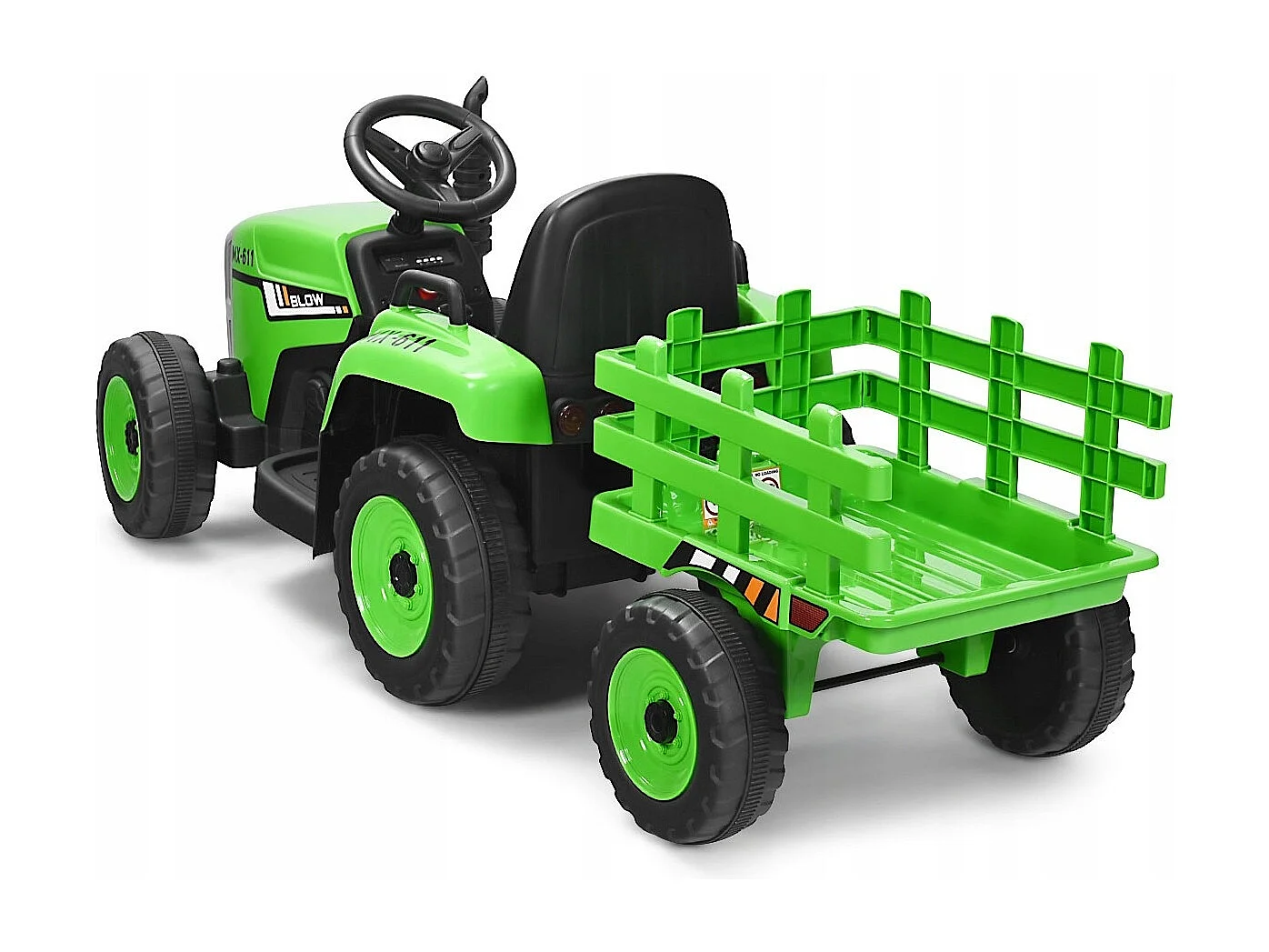 Trattore con rimorchio 12 V per bambini, Giocattolo elettrico con 3 marce luci LED musica clacson Verde