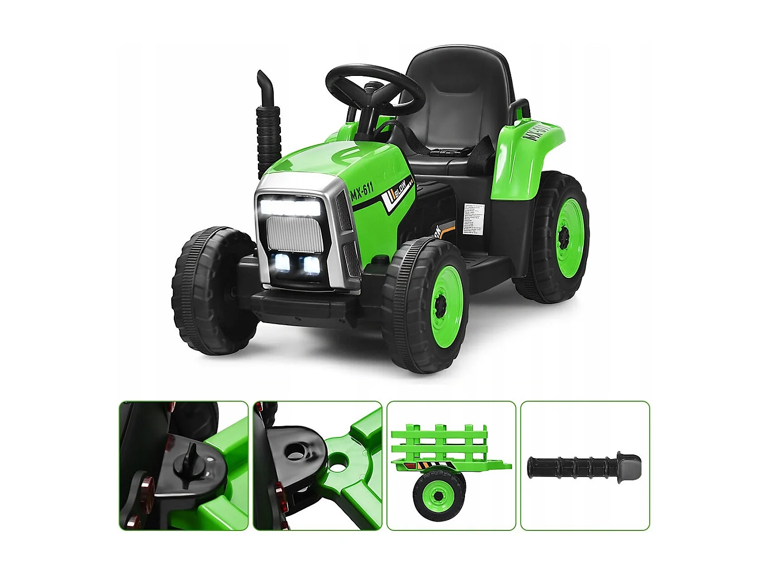 Trattore con rimorchio 12 V per bambini, Giocattolo elettrico con 3 marce luci LED musica clacson Verde