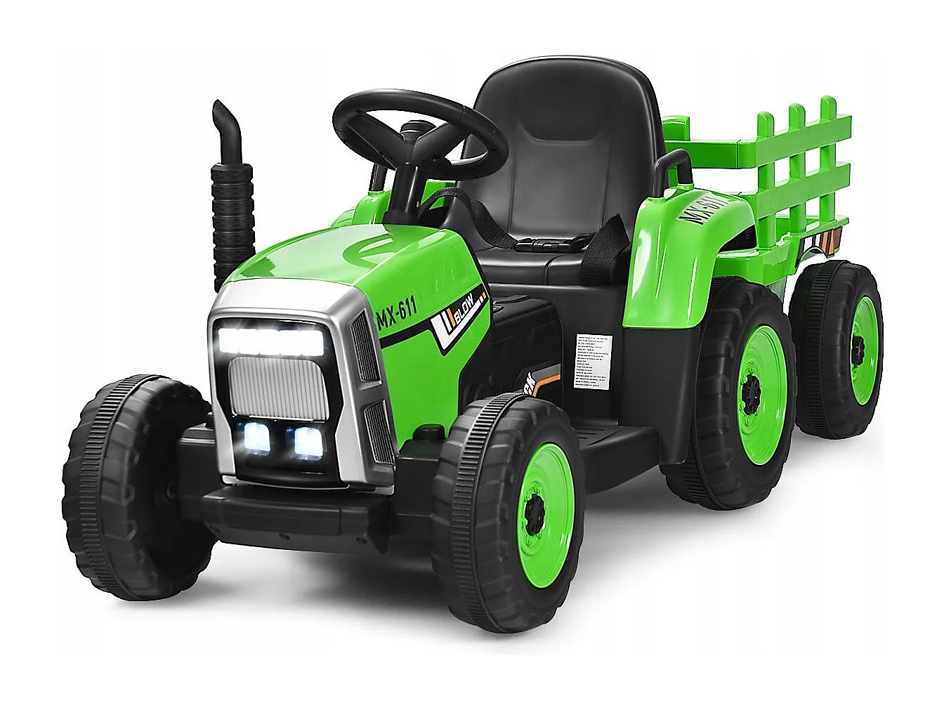 Trattore con rimorchio 12 V per bambini, Giocattolo elettrico con 3 marce luci LED musica clacson Verde