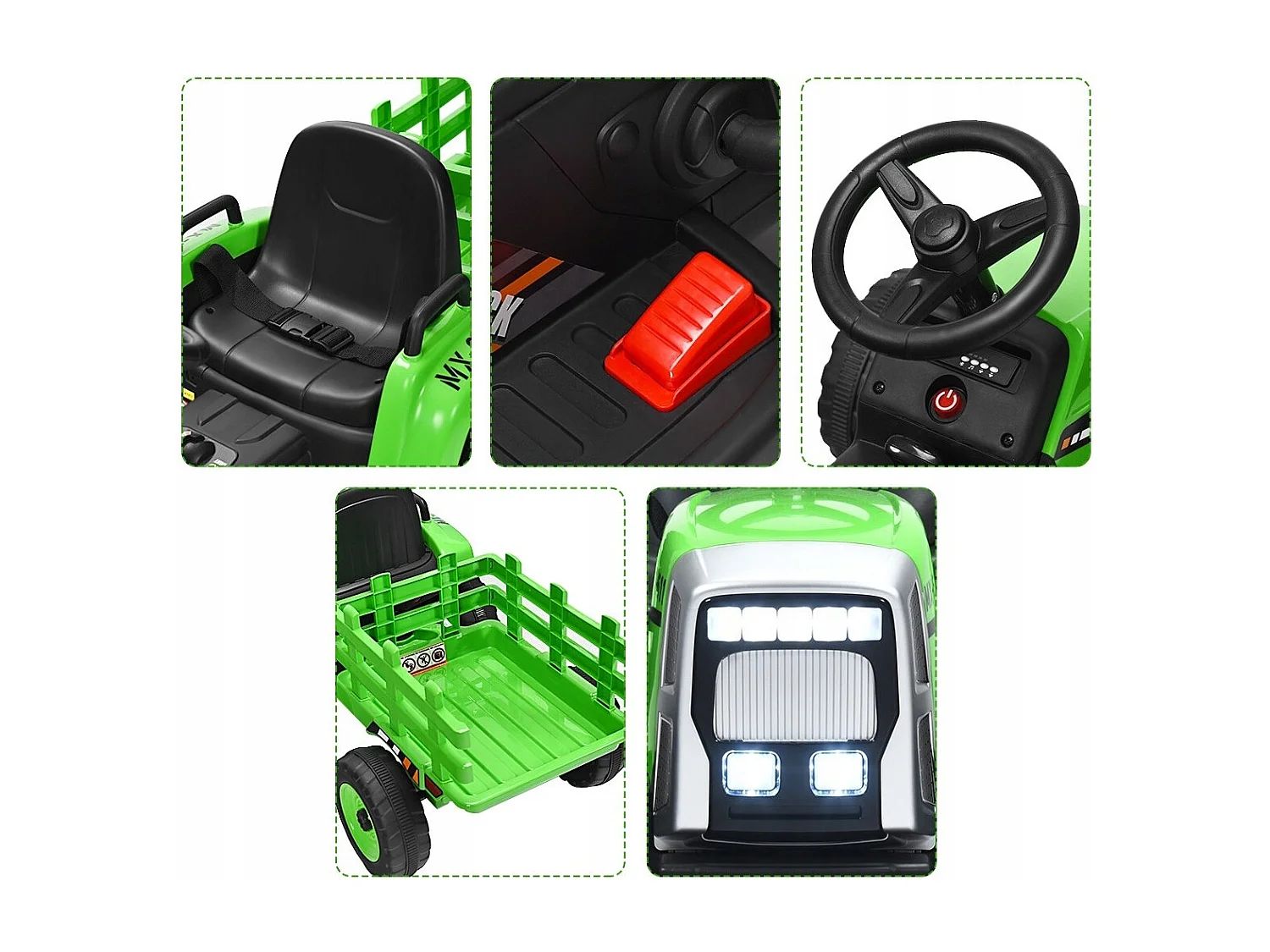 Trattore con rimorchio 12 V per bambini, Giocattolo elettrico con 3 marce luci LED musica clacson Verde