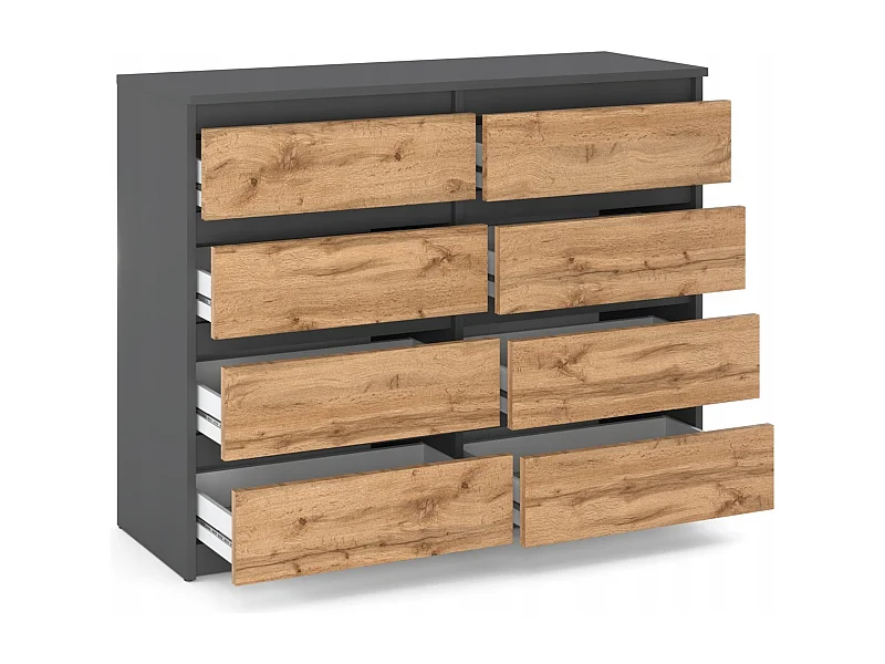 Commode moderne 120 cm Gris mat & Chêne Wotan – 8 tiroirs, grand meuble de rangement pour salon