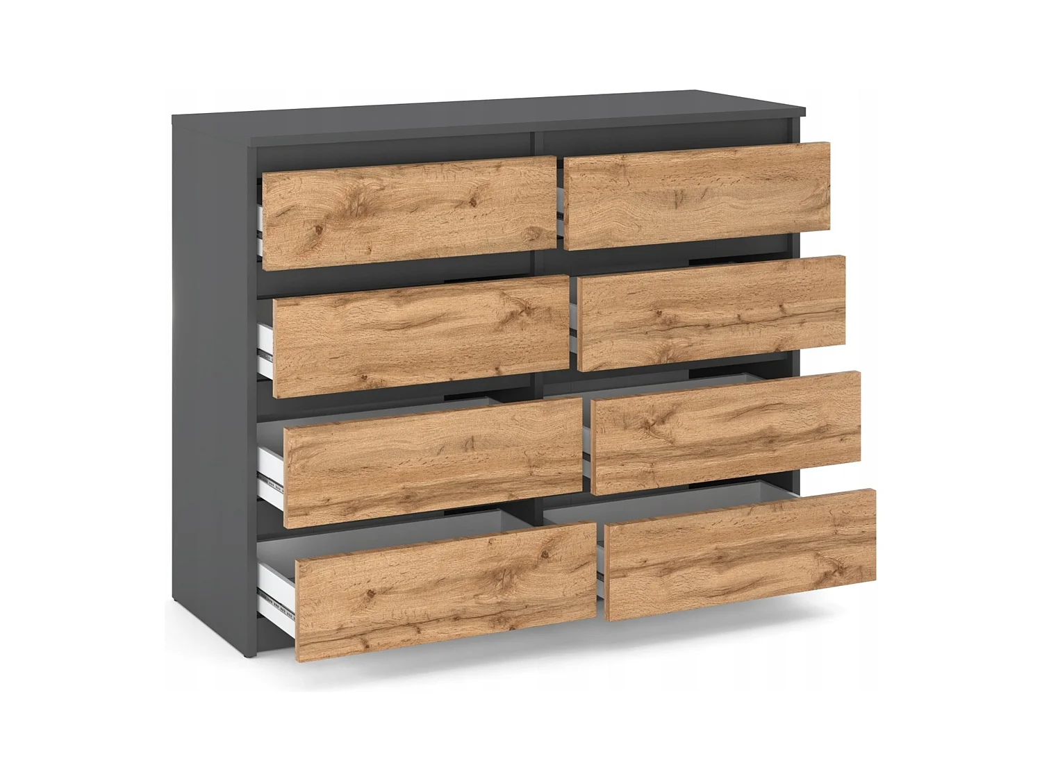 Commode moderne 120 cm Gris mat & Chêne Wotan – 8 tiroirs, grand meuble de rangement pour salon