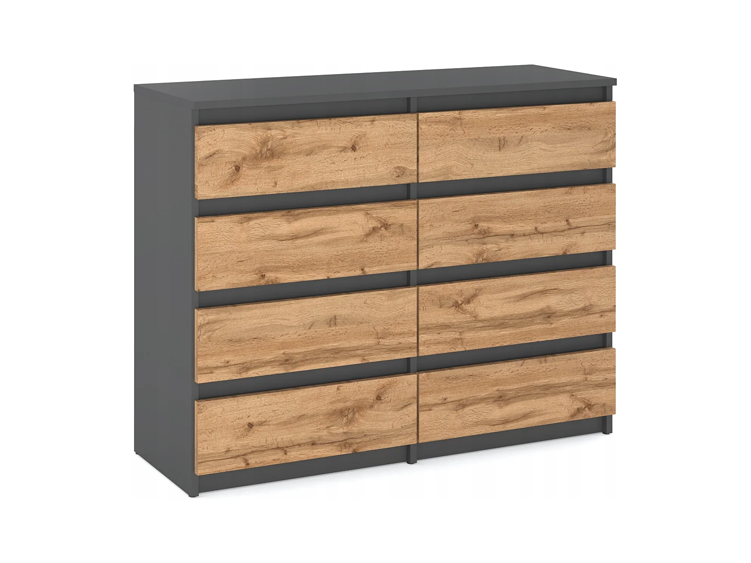 Commode moderne 120 cm Gris mat & Chêne Wotan – 8 tiroirs, grand meuble de rangement pour salon