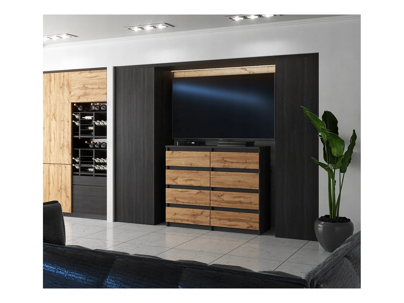 Commode moderne 120 cm Gris mat & Chêne Wotan – 8 tiroirs, grand meuble de rangement pour salon