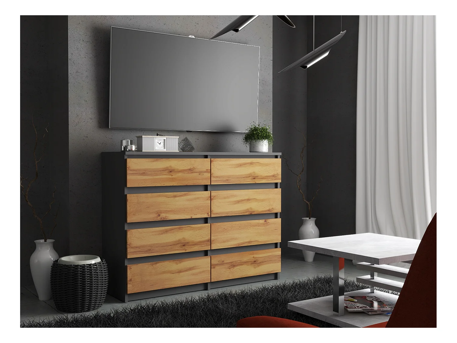 Commode moderne 120 cm Gris mat & Chêne Wotan – 8 tiroirs, grand meuble de rangement pour salon
