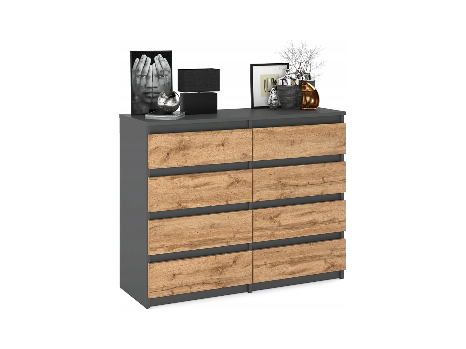 Commode moderne 120 cm Gris mat & Chêne Wotan – 8 tiroirs, grand meuble de rangement pour salon