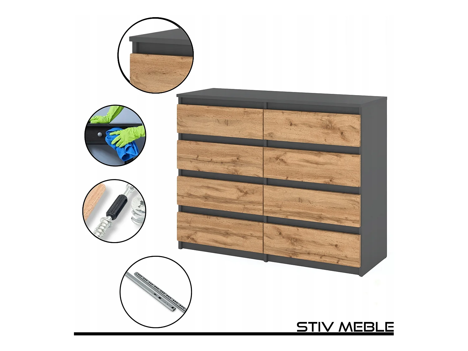 Commode moderne 120 cm Gris mat & Chêne Wotan – 8 tiroirs, grand meuble de rangement pour salon