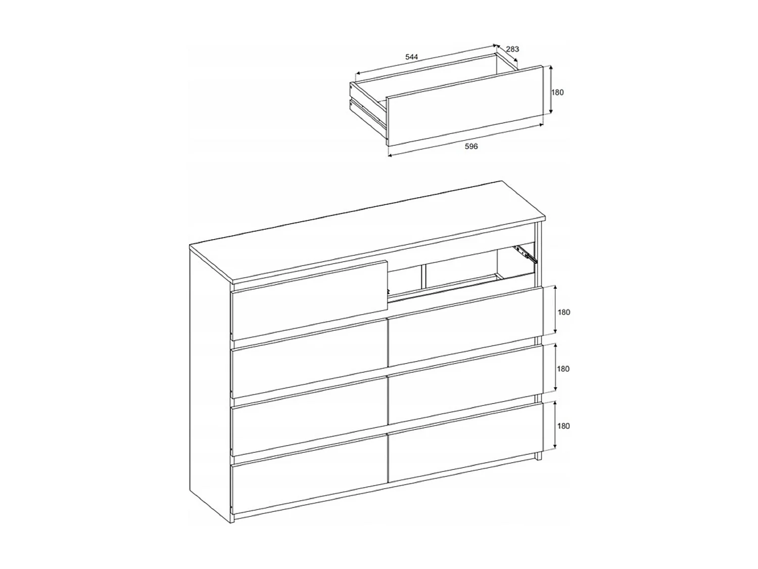 Commode moderne 120 cm Gris mat & Chêne Wotan – 8 tiroirs, grand meuble de rangement pour salon