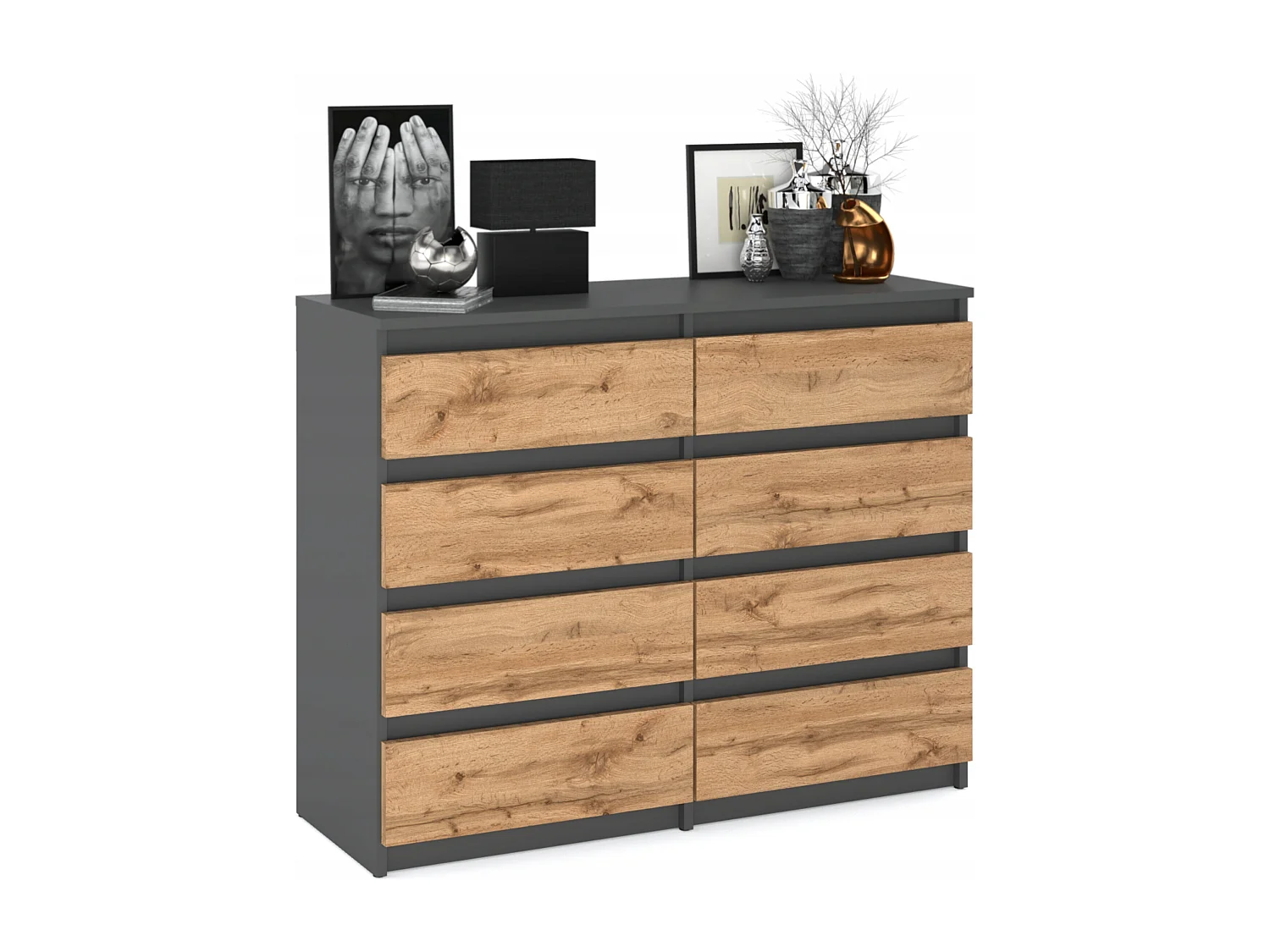 Commode moderne 120 cm Gris mat & Chêne Wotan – 8 tiroirs, grand meuble de rangement pour salon