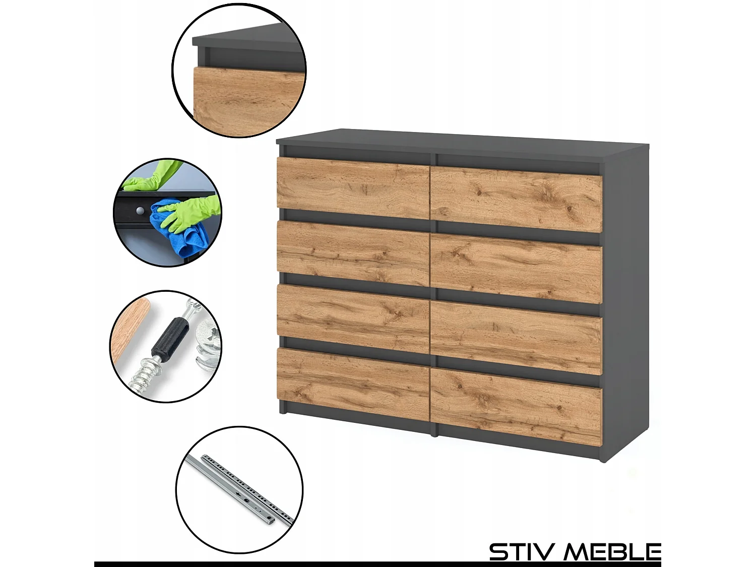 Commode moderne 120 cm Gris mat & Chêne Wotan – 8 tiroirs, grand meuble de rangement pour salon