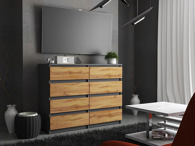 Moderne commode van 120 cm in matgrijs en Wotan eiken – 8 lades, groot opbergmeubel voor de woonkamer
