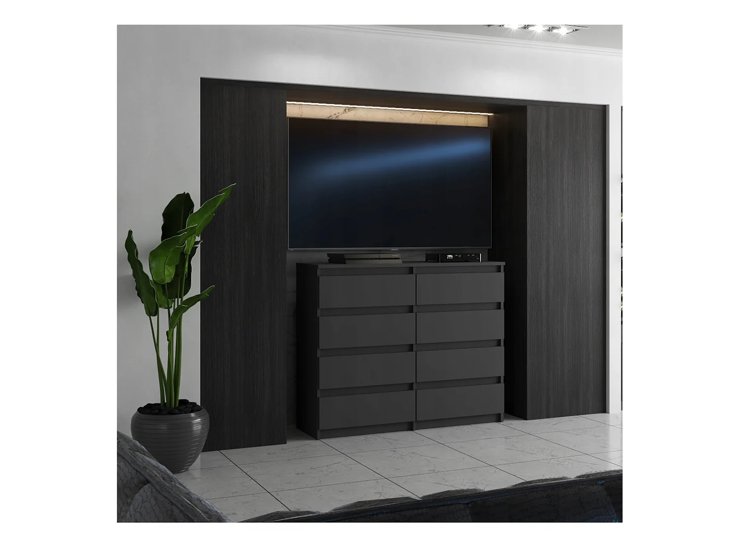 Commode moderne 120 cm gris mat avec 8 tiroirs – Grand meuble de rangement pour salon