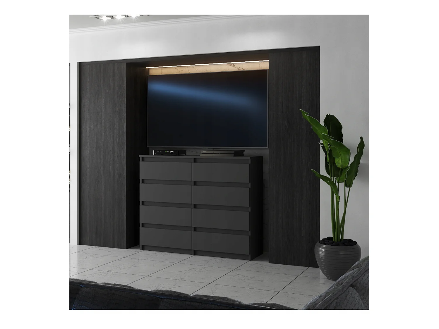 Commode moderne 120 cm gris mat avec 8 tiroirs – Grand meuble de rangement pour salon